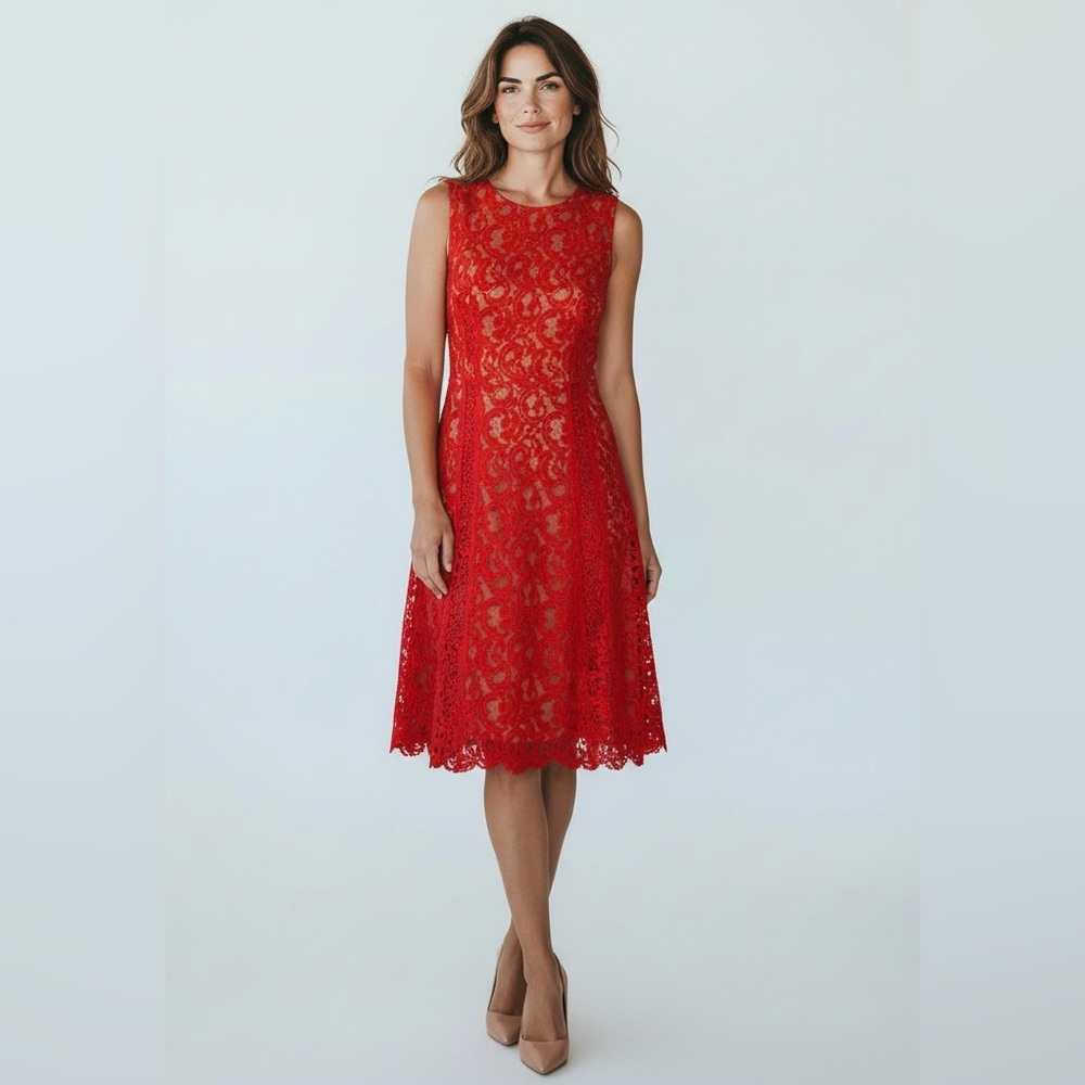 BCBGMAXAZRIA Lace Midi Dress Sleeveless Party Cocktail Red Size 12